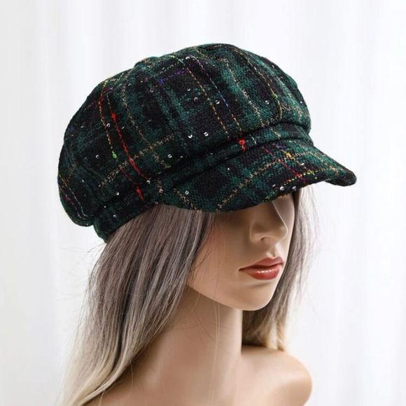 Green Plaid pattern sequins decor baker boy hat - Picture 2 of 6